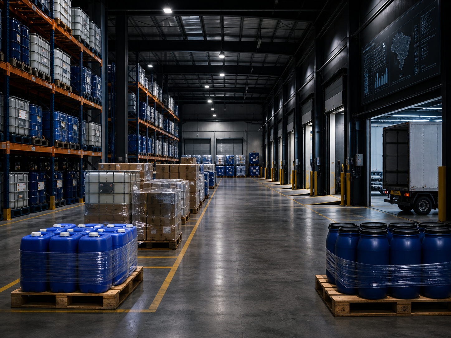 Centro logístico com produtos químicos embalados para distribuição